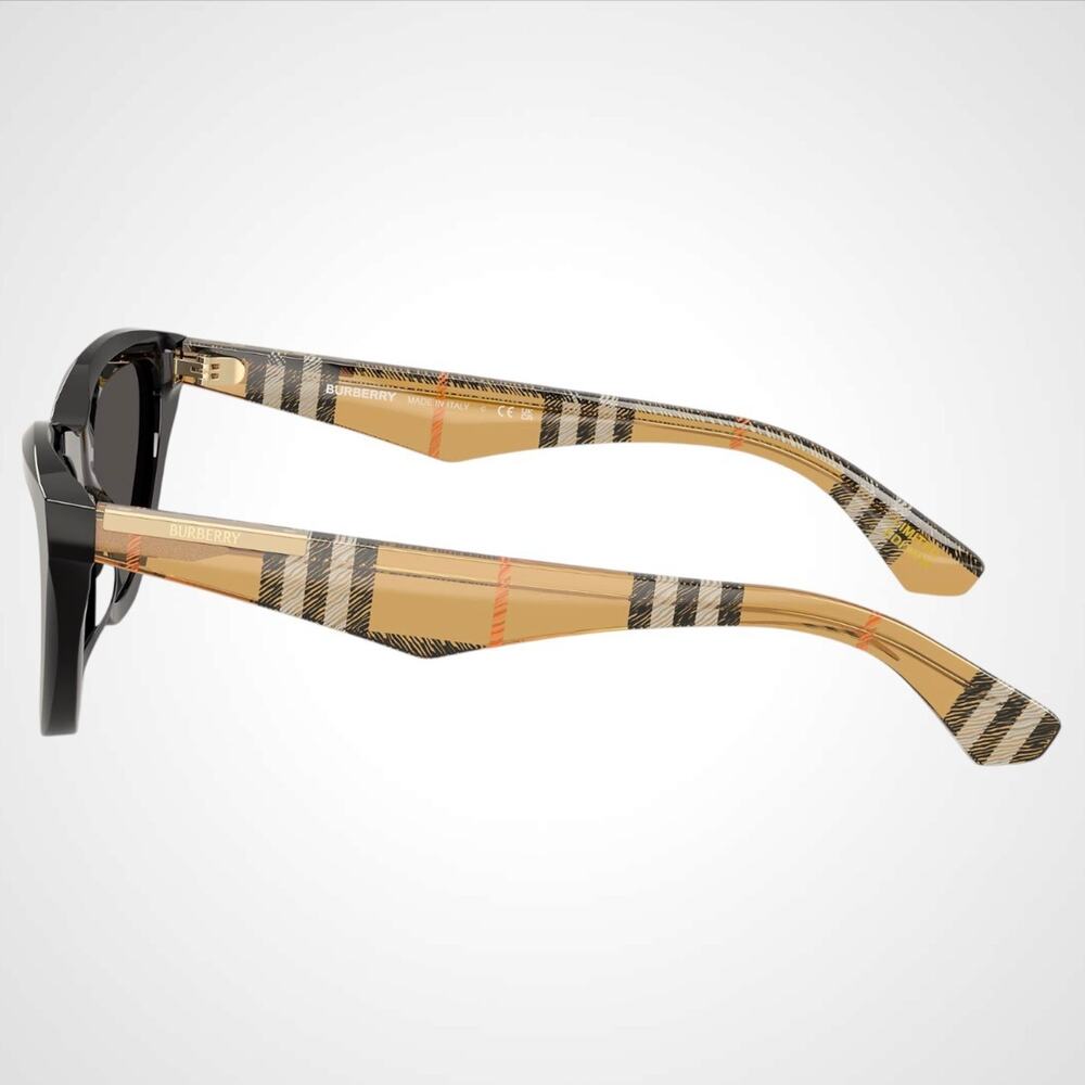 New Burberry Sunglasses Black Front Cat Eye Frame Checkered Arms Gray Lens - Picture 3 of 7